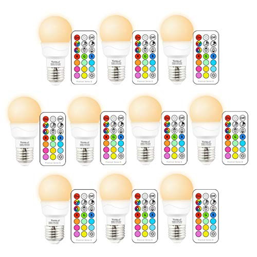 Yangcsl RGB LED Color Changing Light Bulb with Remote Control, Memory and Sync and Timer, E26 3W Mood Ambiance Lighting (10 Pack)