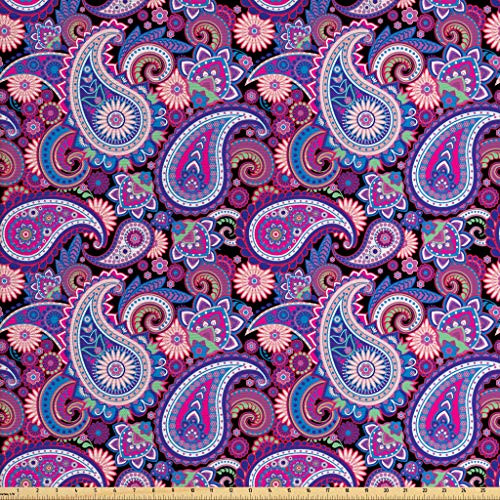 Lunarable Paisley Fabric The Yard, Persian Leaf Figures Asian Flourish East Culture Influences Vintage Paisley, Decorative Fabric Upholstery Home Accents, 2 Yards, Purple Blue Black