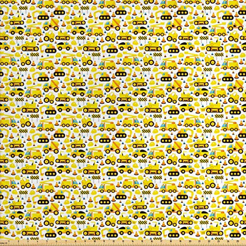 Lunarable Kids Fabric by The Yard, Construction Vehicles Cartoon Style Machines Safety Icons Building Theme, Decorative Fabric for Upholstery and Home Accents, 2 Yards, Yellow Black and White