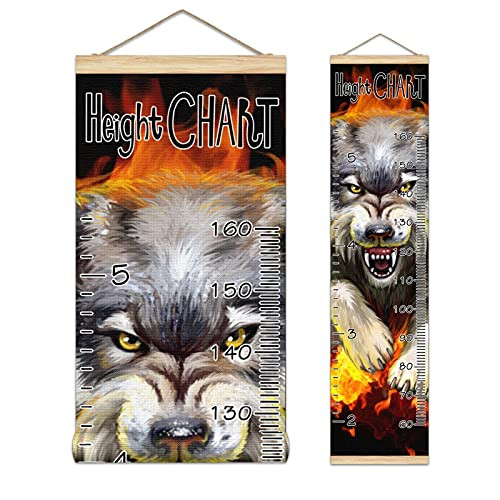 Kids Growth Chart Ruler for Wall Wood Frame Height Measure Chart 13.4x56 in Linen Hanging Height Growth Chart Animal Wolf with Fire Kids Room Decor
