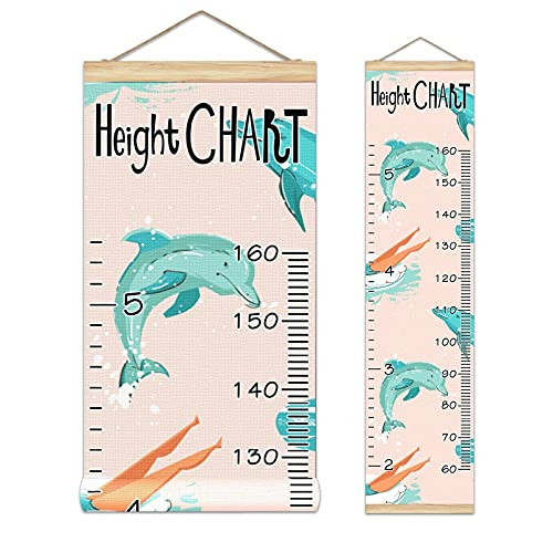 Kids Growth Chart Ruler for Wall Wood Frame Height Measure Chart 13.4x56 in Linen Hanging Height Growth Chart Ocean Dolphins with Girls Kids Room Decor