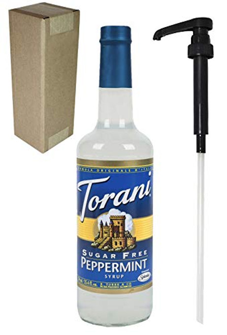 Torani Sugar Free Peppermint Flavoring Syrup, 750mL -25.4 Fl Oz- Glass Bottle, Individually Boxed, With Black Pump