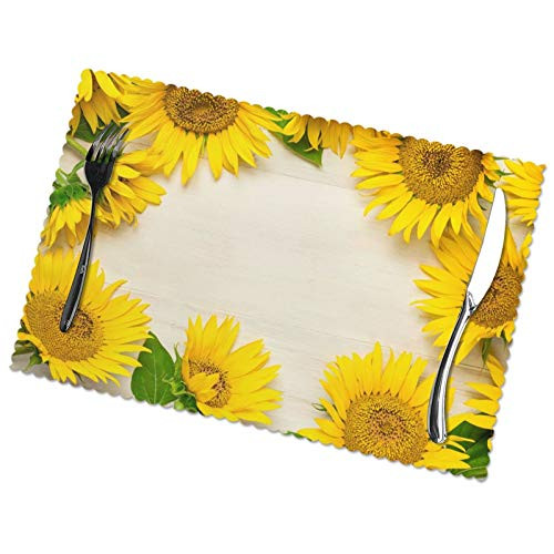 Sunflowers Placemats for Dining Table Set of 6 Yellow placemats Wooden Board and Flowers Non-Slip Place Mats for Dining Room Kitchen Decor Table mats Washable Placemats -12x18 Inches-