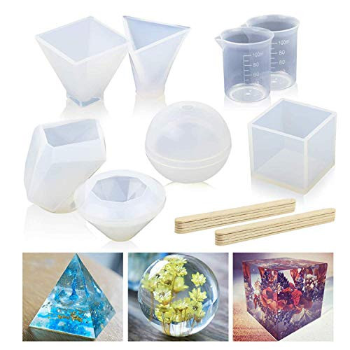 Silicone Resin Molds 6Pcs Resin Casting Molds Including Sphere, Cube, Pyramid,Irregular, with 2 Measuring Cup  and  10 Stirring Sticks for Resin Epoxy, Candle Wax, Soap etc