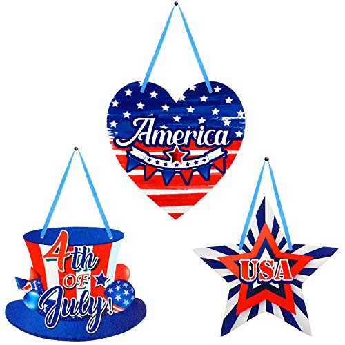 Jetec 3 Pieces 4th of July Patriotic Wood Hanging Sign Wooden Sign Independence Day American Flag Wood Plaque Wall Hanging Decor for Wreaths Independence Day Home Party Decorations