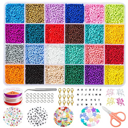 Glass Seed Beads for Jewelry Making and Complete Alphabet Letter Beads for Bracelet Making Kit , Crafts with Elastic String Cords, Pendants and DIY Accessories -2mm-