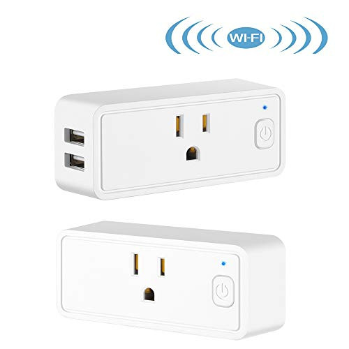 Wireless Smart Plug,Mini WiFi Remote Control Outlet 2 Packs Socket Power Switch Plug with Timer Schedule/APP Control, Compatible with Alexa Google Home(1 Outlets,2 USB Ports)
