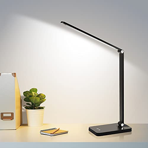 Led Desk Lamp, Eye-Caring Table Lamps with 5 Lighting Modes and 3 Brightness Levels, LED Desk Lamp with USB Charging Port, Memory Function, Touch Control, Dimmable Office Lamp with Adapter