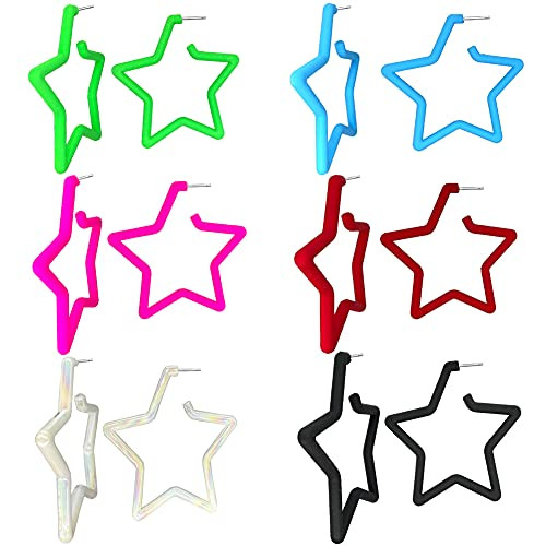 80 90s colorful star hoop earrings Colorful Big Hoop Earrings Retro Neon Earrings Dangle Earrings for Women -STAR 6 PACK-