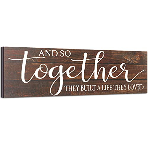 Together Wood Sign and So Together They Built a Life They Loved Wooden Wall Sign Rustic Hanging Wall Sign Farmhouse Wall Decoration for Home Wall Living Room Bedroom, 16.5 x 5.9 Inch -Dark Brown-