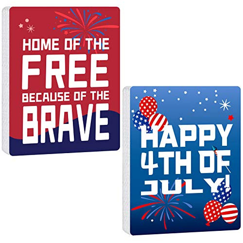 2 Pieces 4th of July Wooden Box Sign Block 5.1 x 4 Inch Independence Day Wooden Plaque Home of The Free Because of The Brave Patriotic Rustic Wood Sign Tabletop Plaque for Farmhouse Home Wall Decor