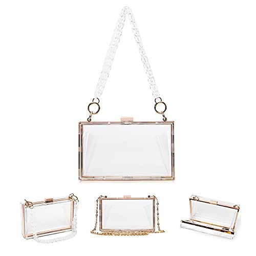 Women Clear Shoulder Handbag Acrylic Box Clutch Transparent Evening Bag Crossbody Purse With Removable Gold Chain Strap -Clear-