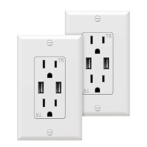 FRYIC USB Wall Outlet White 3.6A Dual High Speed USB Charger Electrical Outlet 15A/125V Receptacle 2 Pack Wall Plate Include -2, White-