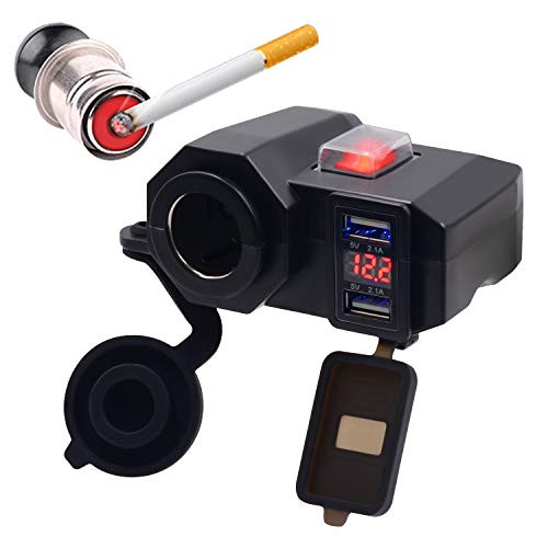 GZLMMY Waterproof Motorcycle Handlebar Clamp Phone Charger Adapter w/ 2 USB 5V/2.1A Ports, Cigarette Lighter Socket, Battery Voltmeter and Power Switch for Phones/Tablets/GPS -4-in-1-