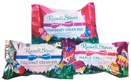 Russell Stover's Easter Basket Filler. Bundle Includes 3-1 Ounce Chocolate Egg Items: Strawberry Cream in Milk Chocolate, Coconut Cream in Dark Chocolate and Maple Cream in Dark Chocolate Russell Stover's Easter Basket Filler. Bundle Includes 3-1 Ounce Chocolate Egg Items: Strawberry Cream in Milk Chocolate, Coconut Cream in Dark Chocolate and Maple Cream in Dark Chocolate