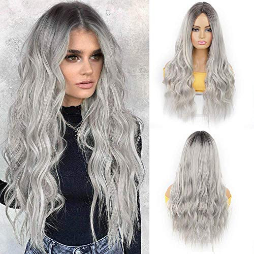 Wisecoon 27" Long Wavy Grey Wig for Women Dark Roots Ombre Silver Gray Wig No Bangs Natural Looking Middle Part Synthetic Full Curly Wigs for Daily Party Cosplay Halloween Costume -Ombre Silver-