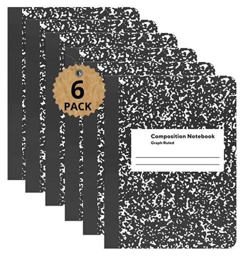 1InTheOffice Graph Paper Composition Notebook, 9.75" x 7.5" Graph Paper Notebook, Black"6 Pack"