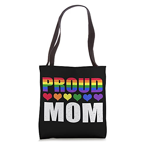 Proud Mom LGBT-Q Gay Pride Ally LGBT Parent Rainbow Heart Tote Bag