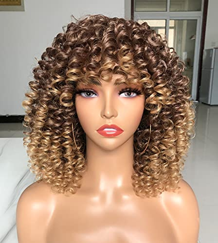 ANNISOUL Curly Afro Wigs for Black Women Short Kinky Curly Wig with Bangs Afro Hair Synthetic Heat Resistant Natural Looking for Daily Wear -Ombre blonde-