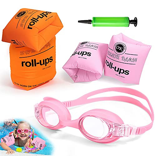 Arm Floaties for Kids,4 Pack Arm Float Rings with Anti-Fog and Leak-Proof Kid's Swimming Goggles and Inflator, PVC Arm Floaties Inflatable Swim Arm Bands Floater Sleeves Swimming Rings