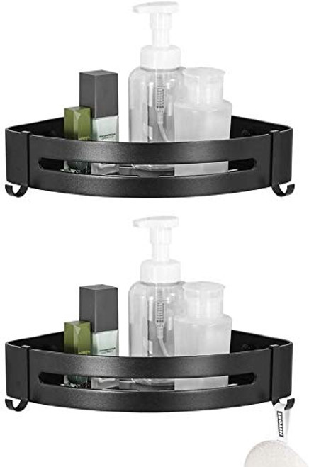 Coolnice 2 Pack Corner Shower Shelf Aluminum Shower Organizer Corner with 4 Hooks Wall Mount Bathroom Shower Organizer No Need Drilling with Adhesive for Bathroom Kitchen-Black