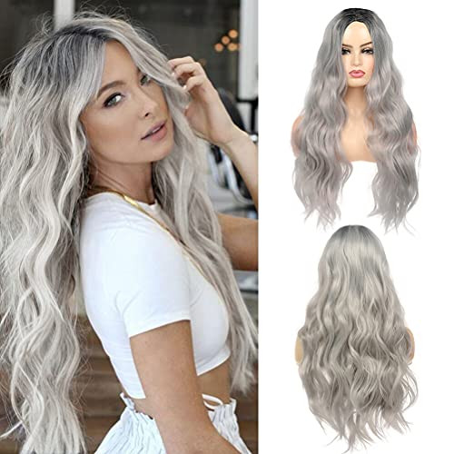 Beweig Long Curly Wavy Gray Wigs for Women Ombre Grey Hair Wig Middle Part Synthetic Heat Resistant Dark Roots Full Wig Halloween Cosplay Costume Wig for Women