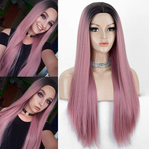 K'ryssma Fashion Pink Wig Ombre Dark Roots Long Straight Ombre Synthetic Wig with Middle Part Pink Ombre Wigs for Women 22 inches