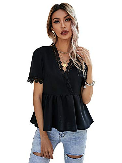 SheIn Women's Short Sleeve V Neck Ruffle Hem Wrap Peplum Blouse Shirt Tops Black S