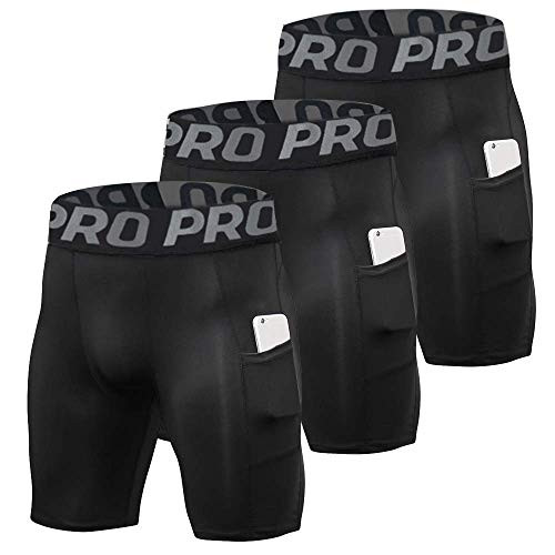 YUSHOW Men Compression Shorts Running Shorts with Phone Pocket 3 Pack Mens Spandex Underwear Cool Dry Athletic Workout Black