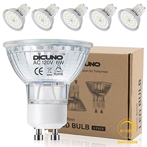 DiCUNO GU10 LED Bulbs Dimmable, 6W 60W Halogen Equivalent, Daylight White 5000K, 700lm, 120 Beam Angle, 120V, MR16 Bulb Spotlight Track Lighting, 6-Pack