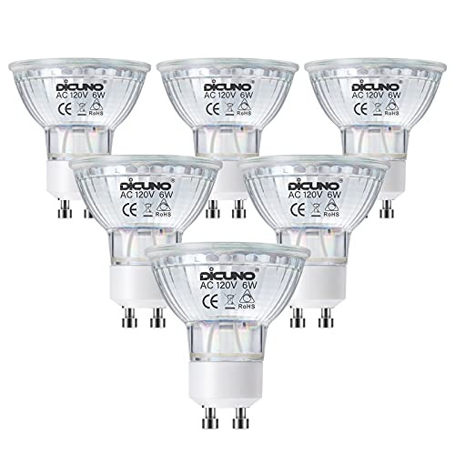 DiCUNO GU10 LED Bulbs Dimmable, 6W 60W Halogen Equivalent, Warm White 2700K, 700lm, 120 Beam Angle, 120V, MR16 Bulb Spotlight Track Lighting, 6-Pack