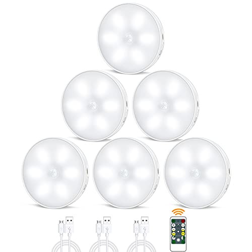 Led Closet Light, Motion Sensor Puck Lights with Remote Wireless USB Rechargeable Dimmable Under Cabinet Night Safe Lighting Stick-on Anywhere for Counter Kitchen Stairs Hallway Bedroom -6 Pcs-