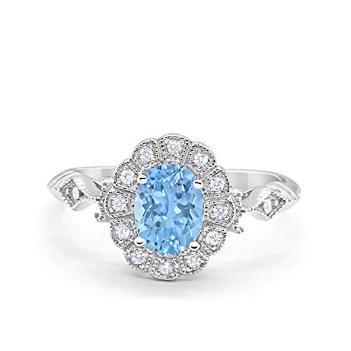 Blue Apple Co. Oval Art Deco Halo Wedding Enagement Bridal Ring Oval Round Simulated Aquamarine Cubic Zirconia 925 Sterling Silver Size-6