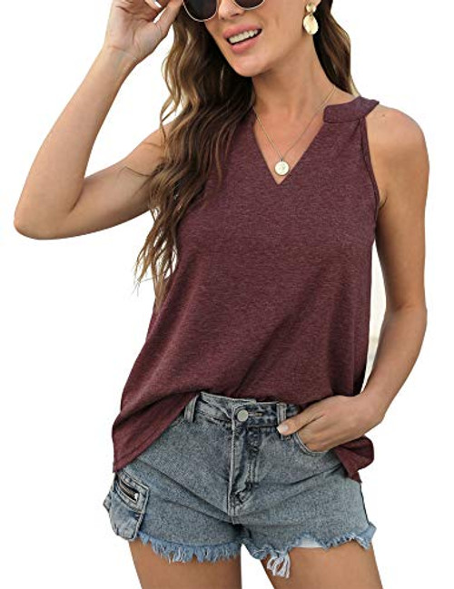 Women's Flowy Tank Tops Summer Sleeveless Loose Fit Pleated Tunic Shirts Wine Red