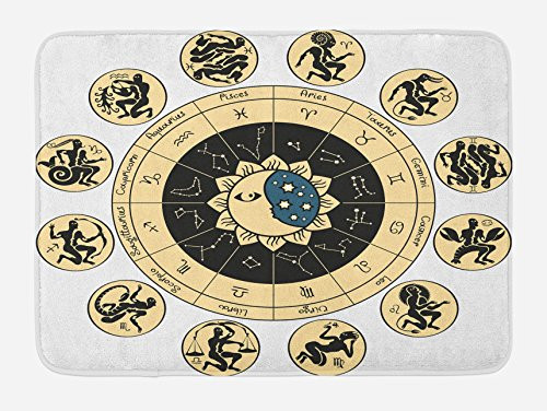 Ambesonne Astrology Bath Mat, Ethnical Tribal Horoscope Chart with Signs and Names Image Print, Plush Bathroom Decor Mat with Non Slip Backing, 29.5 W X 17.5 L Inches, Black Yellow