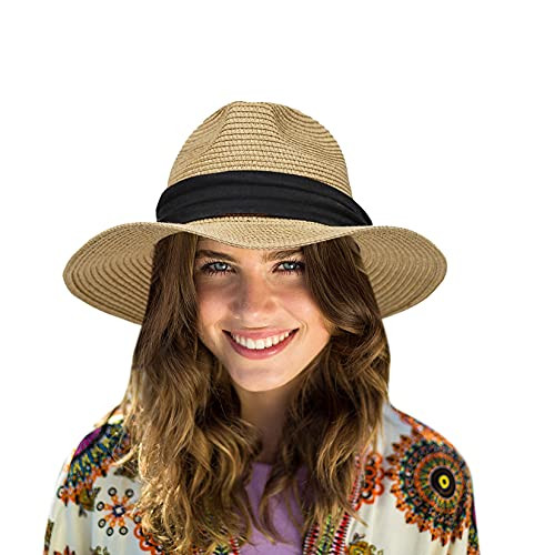 Womens Wide Brim Beach Sun Hats Foldable Straw Panama Hat Fedora UPF50 Straw Hat for Mens -Khaki, Medium-