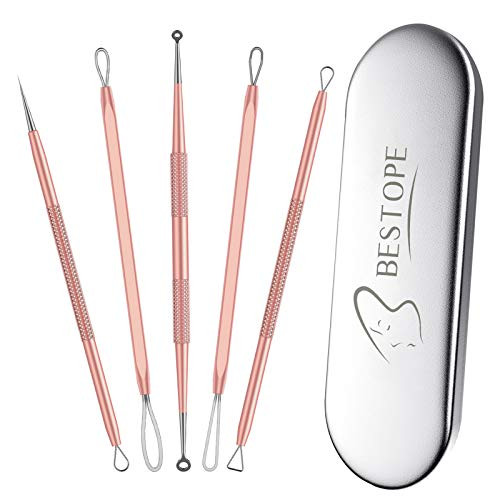 BESTOPE Blackhead Remover Pimple Popper Tool Kit Acne Comedone Zit Blackhead Extractor Tool for Nose Face, Blemish Whitehead Extraction Popping,Stainless Steel with Metal Case-Rose Gold-