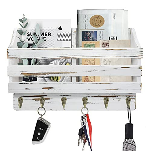 Mail and Key Holder for Wall with 6 Key Hooks, 2 Slot Mail Organizer Wall Mount with Key Holder, Rustic Mail Holder for Wall, Mail Sorter Bill Letter Storage for Entryway Hallway Office