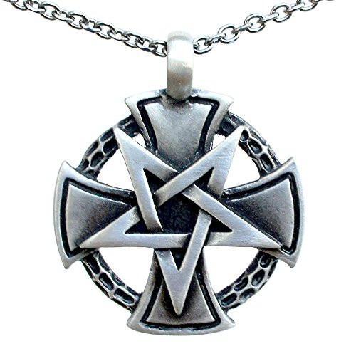 Inverted Pentacle Pentagram Star Cross Knight templar Gothic Biker Jewelry Silver Pewter Men's Pendant Necklace Protection Amulet Safe Travel Talisman Warrior Fighter Medallion w Stainless Steel Chain