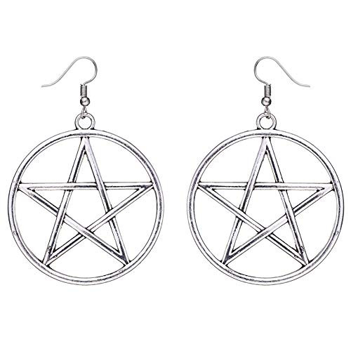 Eiffy Punk Large Hollow Supernatural Star Pentagram Pentacle Dangle Earrings Wicca Pagan Jewelry for Women -Silver-