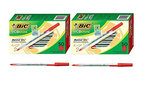 BIC Ecolutions Round Stic Ballpoint Pen, Medium Point -1.0mm-, Red, 50-Count - 2 Pack