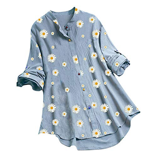 Women Daisy Print Blouse Top Casual Long Sleeve V-Neck Button Shirt YKDIANZI Sky Blue