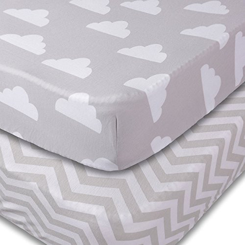 Crib Sheets, 2 Pack Unisex Clouds and Chevron Fitted Soft Jersey Cotton Bedding