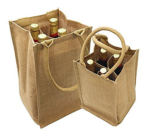Jute Burlap 4 Bottle Wine Carrier Reusable Jute Wine Tote Bags w/Dividers (3)