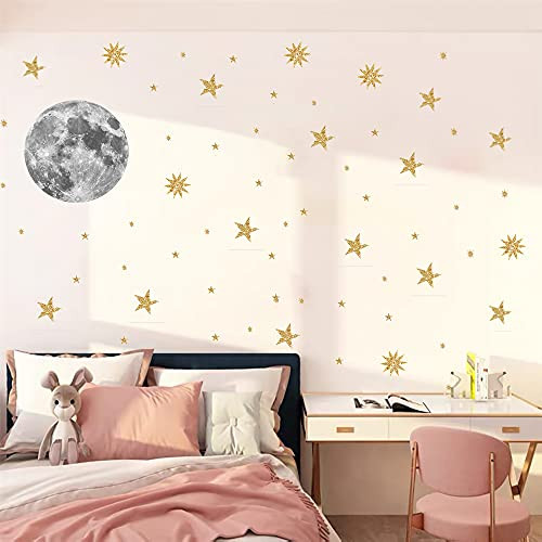 MEFOSS Moon and Stars Night Sky Vinyl Wall Decal Art DIY 3D Moon Golden Stars Wall Stickers Peel and Stick Removable Wall Decals Mural for Kids Bedroom Babies Room Playroom Nursery Wall Decorations MEFOSS Moon and Stars Night Sky Vinyl Wall Decal Art DIY 3D Moon Golden Stars Wall Stickers Peel and Stick Removable Wall Decals Mural for Kids Bedroom Babies Room Playroom Nursery Wall Decorations