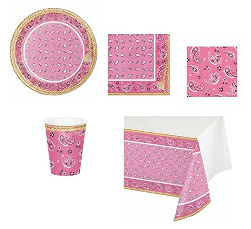 ShoppeShare Pink Disposable Party Supplies for a Bandana Cowgirl for 8 Guests, 5-Piece Bundle