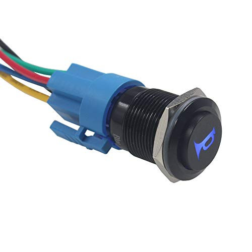 ESUPPORT Black Shell 19mm 12V Car Automotive Blue LED Light Horn Speaker Push Button Toggle Switch Momentary Self Reset Socket Plug Wire