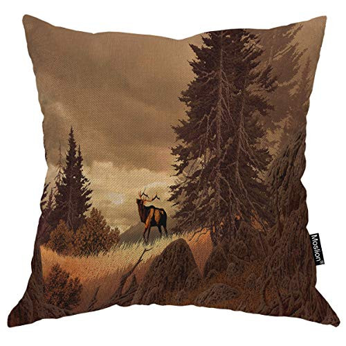 Moslion Deer Pillow Elk in The Rocky Mountains Forest with Rocks Tree Wildlife Brown Throw Pillow Cover Decorative Square Cushion Accent Cotton Linen Home Pillow Case 18X18 Inch