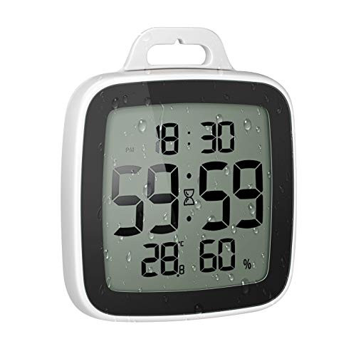 Number-one Shower Clock Digital Bathroom Countdown Clock Battery Operated Kitchen Wall Timer Clock, Waterproof for Water Spray, Large LCD Screen, Temperature Humidity Display for Shower Cooking, Black