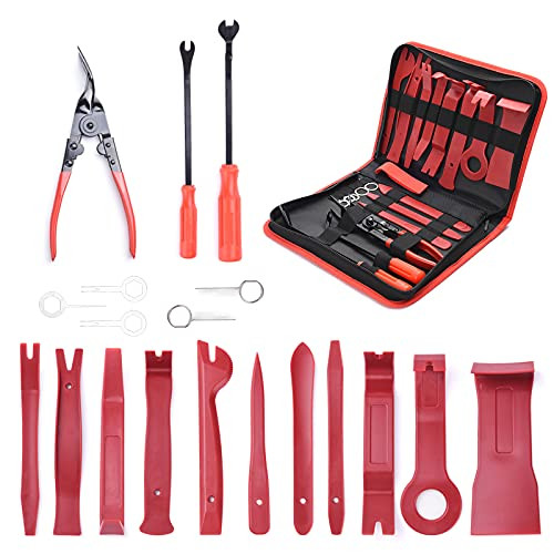 EliteTool 19Pcs Trim Removal Tool, Car Panel Door Audio Trim Removal Tool Kit, Auto Clip Pliers Fastener Upholstery Remover Pry Tool Set with Storage Bag -Red-